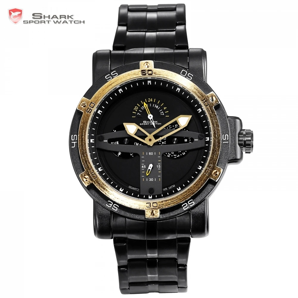 

Shark Sport Watch Men Luxury Brand Golden Bezel Date Army Military Watches Clock Steel Quartz Relogio Masculino Greenland