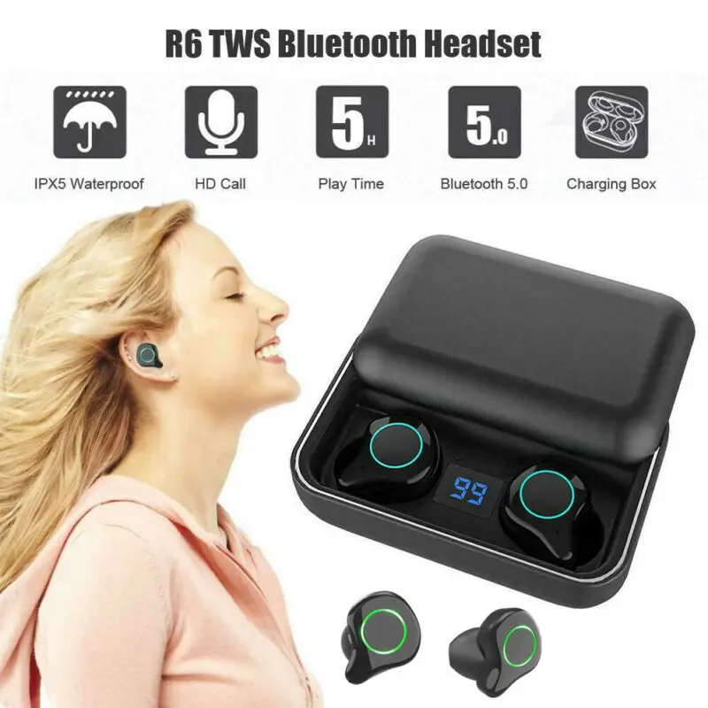 R6 TWS Wireless Earphones Bluetooth 5.0 Earbuds Mini Headset LED Display 6D Stereo Sound Smart Touch Earphone