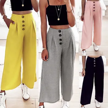 

Women Pants Summer Button Decor Elastic Mid Waist Wide Leg Pants Summer Loose Casual Pleated Pockets Trousers Female Long Pants
