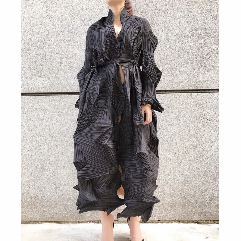 Changpleat осень необычный Женский Тренч Miyak плиссированный модный дизайн однотонный свободный большой размер длинный рукав пальто T69