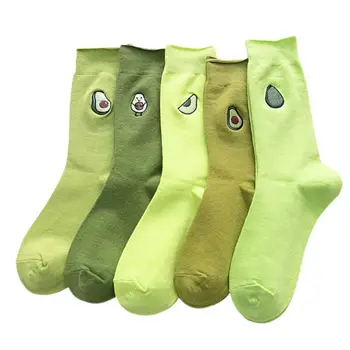 

5 Pairs Women Cartoon Avocado Fruit Embroidery Cotton Green Street Crew Socks 40JF
