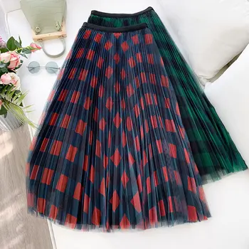 

Plaid Mesh Ball Gown Long Women's Skirt High Waist Pleated Elastic Skirts Female 2020 Spring Summer Harajuku Big Hem Ladies Gown