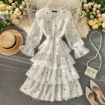 

Women Wood Ear V Collar Long Sleeve High Waist Slim Ruffled Dress Elegant Vestidos L114