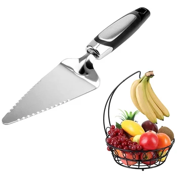 

2PCS Pie Server, Stainless Steel Pie Spatula, Serrated on Both Sides & 1x Countertop Wrought Iron Fruit Basket