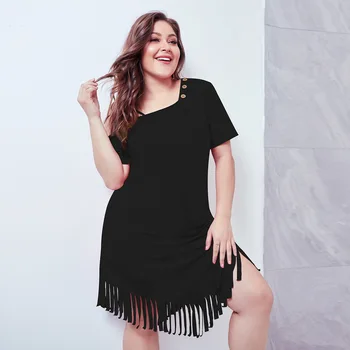 

Fashion Solid Plus Size Woman Dress 2019 Spring Summer with Fringes Casual Boho Short Dresses Short Sleeve Vestido
