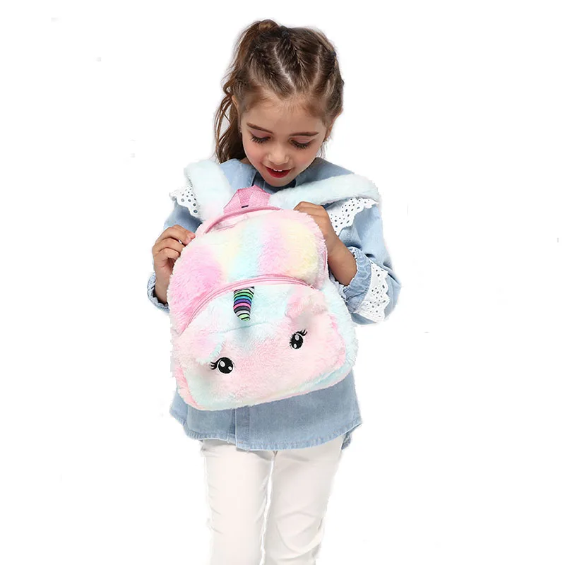 Студенческий маленький плюшевый школьный рюкзак из мультфильма, мини-игрушка на цветной молнии, кукольный рюкзак, Детский рюкзак с радужным мехом единорога, рюкзак в детский сад - Цвет: Pink