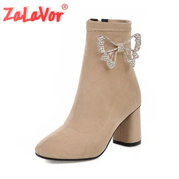 

ZALAVOR Size 32-48 New Arrival Bowknot Crystal Woman Ankle Boots Zipper High Heels Shoes Women Daily Office Work Botas Winter
