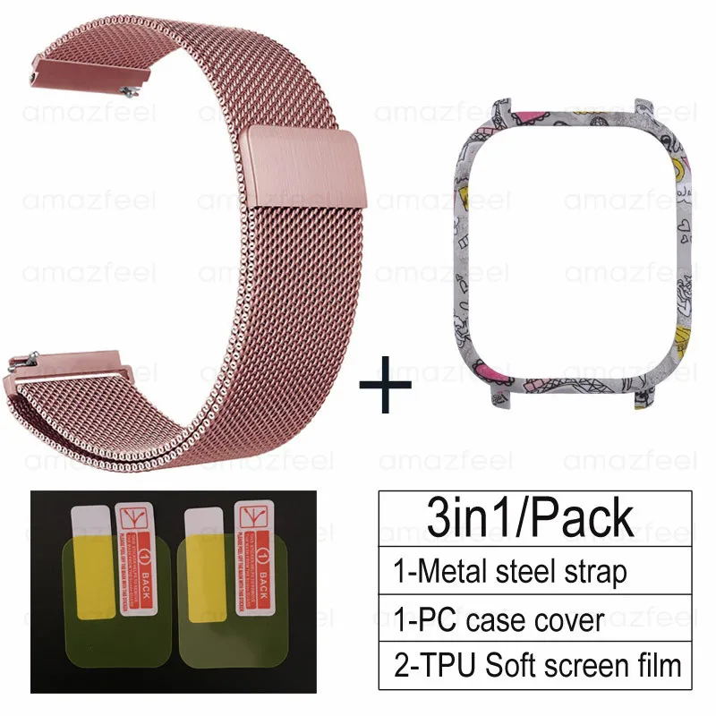 3в1 металлический ремешок для Amazfit GTS, чехол-браслет для Huami Amazfit GTS, защитная пленка для экрана, бампер, аксессуары - Цвет: rose pink-Tower B