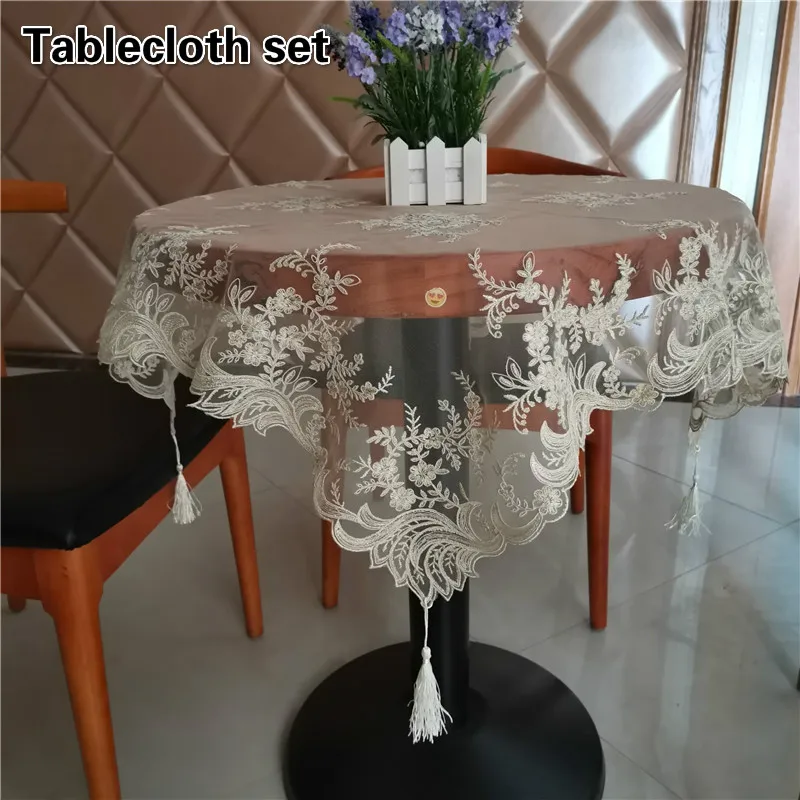 European Lace Embroidery Pendant Tablecloth Placemat Coaster Set Bedroom Balcony Coffee Small Round Table Cover Cloth Decoration