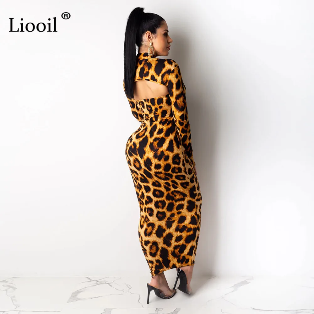 Liooil, камуфляжный Леопардовый принт, комплект из двух предметов, сексуальное облегающее длинное макси платье,, длинный рукав, открытая одежда для ночного клуба, Платья для вечеринок