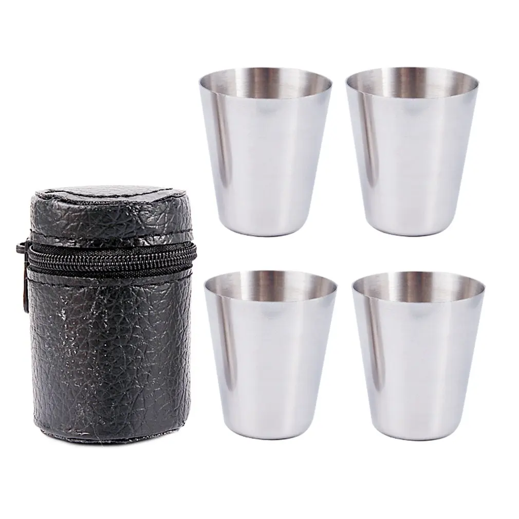 

4 Pieces / Set Polished 30Ml Mini Shot Glass Stainless Steel Cup Wine Drinking Glasses With Leather Cover Bag