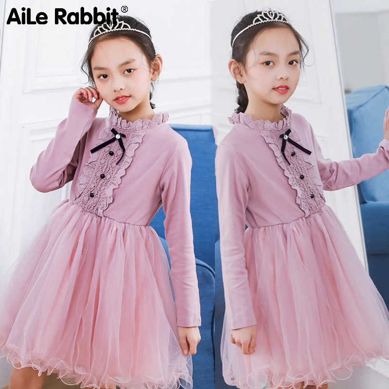 

2019 Autumn New College Wind Girl Dress Long Sleeved British Style Ribbon Bow Double Breasted Dress Girls Dresses