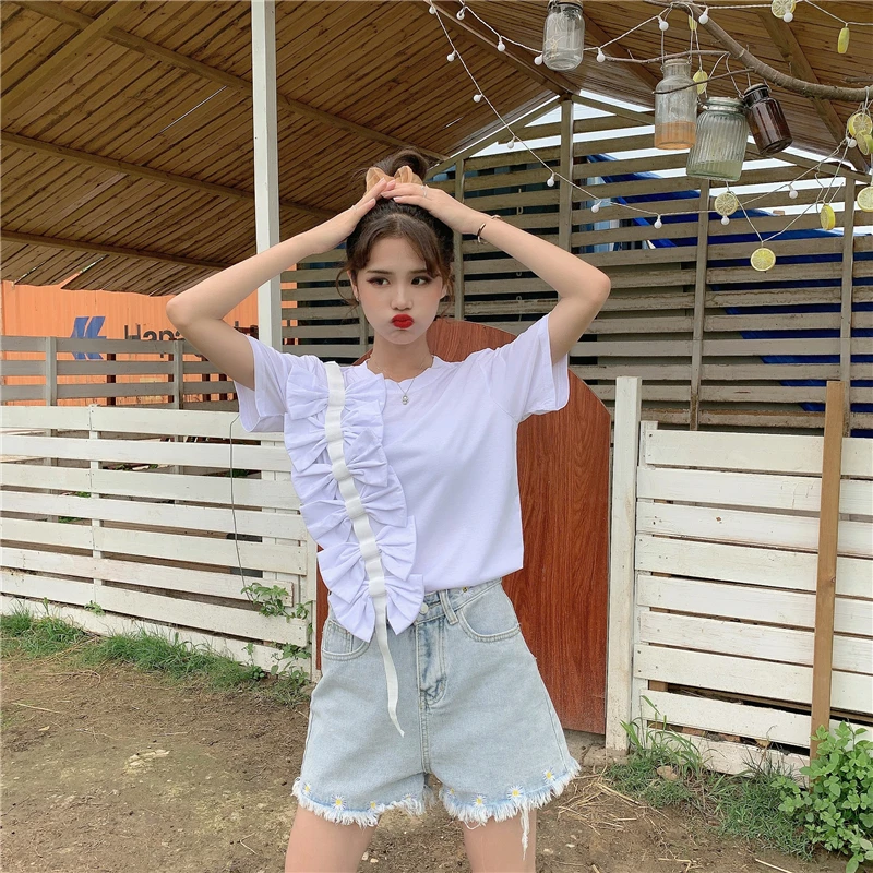 

Korean Chic Summer Kawaii Soft Girl New Women O-Neck Short Sleeve Tee Sweet Bow Splice Tops Basic Solid Color Casual Loose Tee