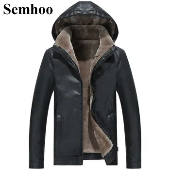 

2019 Autumn And Winter New Plus Velvet Warm Windproof Hooded Men's Leather Solid Color Casual Zipper Thick Jacket Coat M---4XL