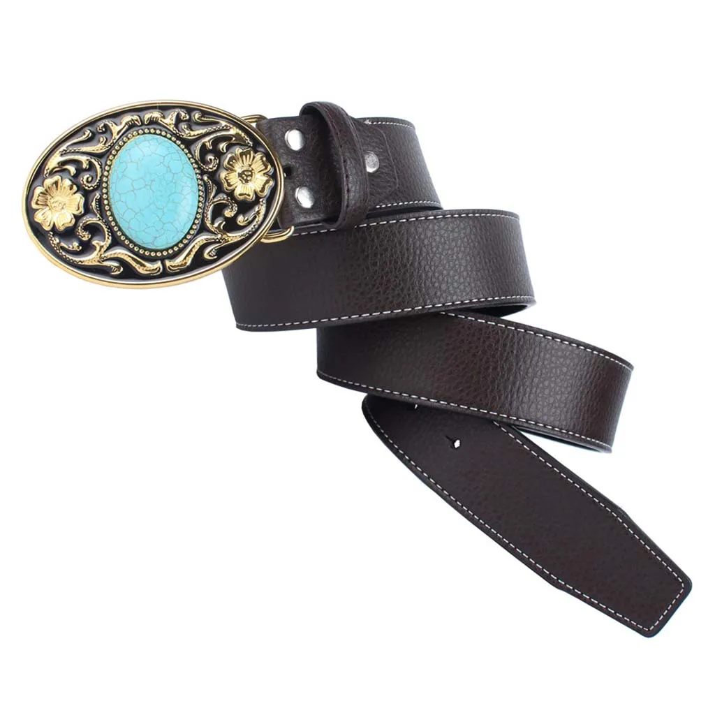 Western Cowboy Leather Belt Arabesque Buckle Turquoise Women Mens Adjustable