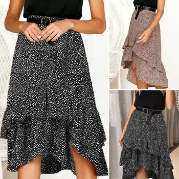 

VONDA 2020 Summer Skirts Women Casual Elastic Waist Polka Dot Irregular Hem Midi Skirts Plus Size Holiday Beach Chiffon Skirt