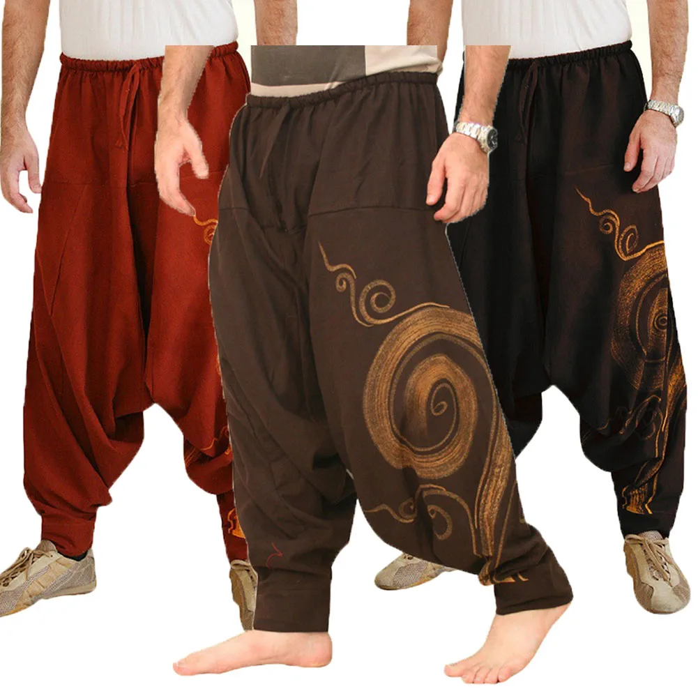 Винтажные мужские штаны шаровары эластичные повседневные мешковатые штаны-шаровары для йоги хип-хоп мужские цыганские хлопковые льняные широкие свободные штаны со шнурком