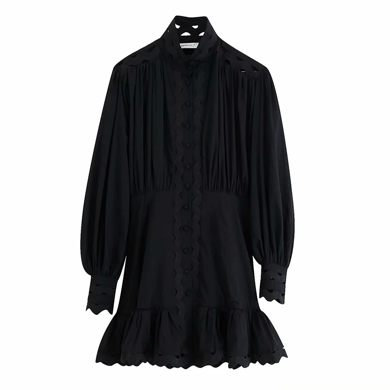 Мода выдалбливают черное белое платье для женщин фонарь уличная одежда с длинным рукавом Мини платья Стенд воротник Твердые вечерние женская одежда S-L
