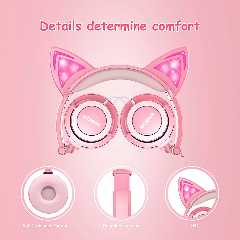 Wired Adjustable Headphone Girl Cat Ear LED Bluetooth Headset Kids Headphone Flashing 3 Glowing Stereo With original Box