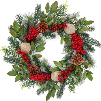 

18 Inch Christmas Wreath Artificial Vine Rattan Pendant With Red Berries Pine Cones Door Wall Hangings Christmas Decoration