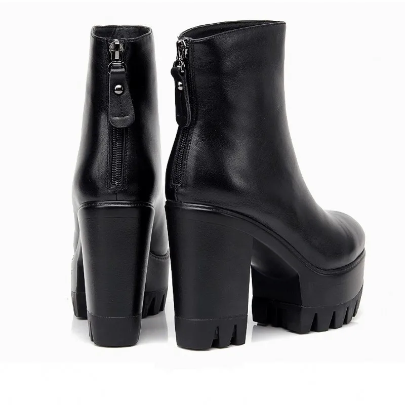 

Женские ботильоны на высоком каблуке, осенние кожаные ботинки из натуральной кожи с круглым носком, на толстой подошве, с флисовой подкладкой и молнией сзади, женские ботинки на платформе
