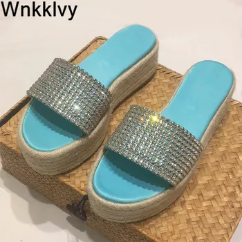 

Slippers summer Shoes Woman Hemp rope Flipflops bling bling crystal Lazy Mullers wedge high heel silk satin rhinestone sandals