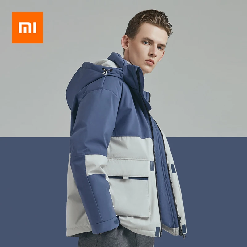 2019 New Xiaomi Casual Men Down Jacket Color Splice Warm Hooded White Duck Coat For Winter Waterproof Working Style |