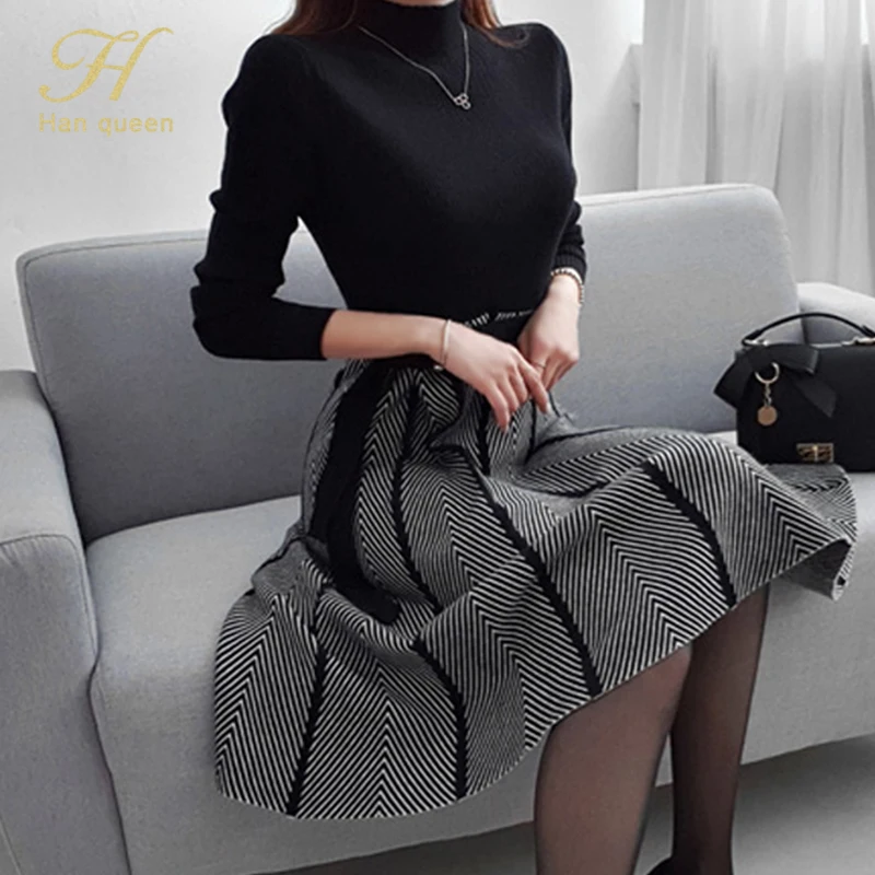 H 한 여왕 핫 세일 캐주얼 풀오버 스웨터 Pleated Vestidos 우아한 간단한 오피스 드레스 여성 컬러 매칭 a 라인 드레스