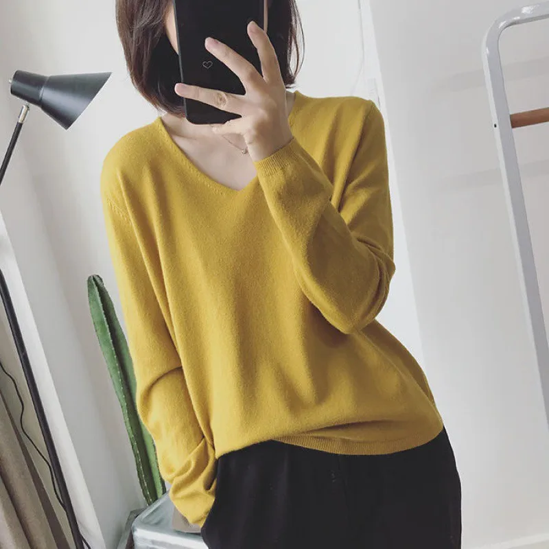 

Women's Solid Color Sweater Deep V-neck Top Stretch Cotton Tight Bottoming Long-sleeved Sweater Female Knitwear