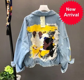 

Hand-painted Pattern Neploe Chic Coat Letters Print Cool Girl Denim Jacket 2020 Spring Autumn Fashion Pockets BF Outwear
