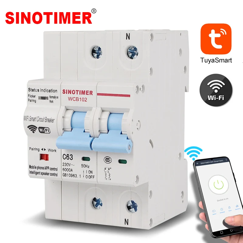 

2P Din Rail Tuya APP Mobile Remote Switch Control Smart WiFi Circuit Breaker Home Electric 220V 63A Compatible with Alexa Google