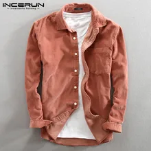 Мужские одноцветные рубашки с длинным рукавом для отдыха, маленькие свежие вельветовые рубашки, мужские однобортные рубашки с воротником с лацканами INCERUN Camisa Masculina