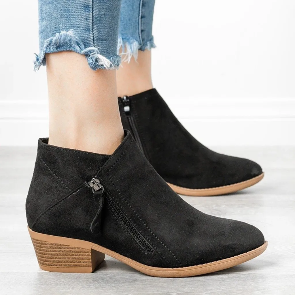 Stylish Women's Rome Ankle Boots Autumn Fall Retro Suede Short Boot Girls Classic Mid Heel Casual Shoes Side Zip Pointed Botas | Обувь