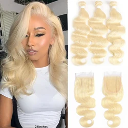 Body Wave Bundles With Closure 4x4 613 Honey Blonde Brazilian 9A Remy 100% Human Hair 3/4 Pcs Bundles With Lace Closure Euphoria