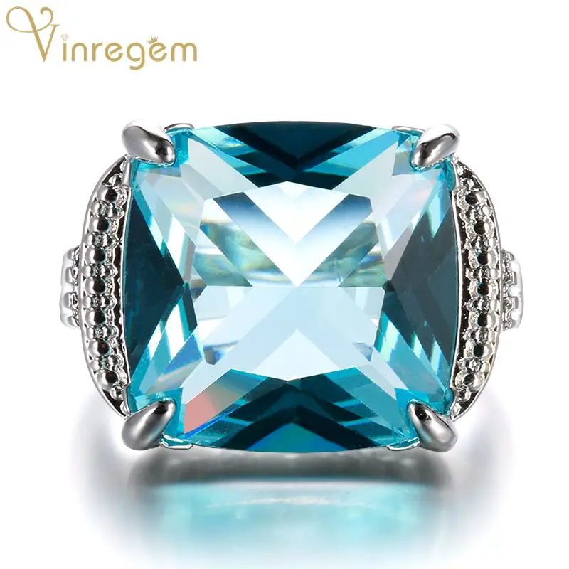 

Vinregem Branded Vintgage 925 Solid Sterling Silver Aquamarine Gemstone Birthstone White Gold Ring Fine Jewelry Drop Shipping