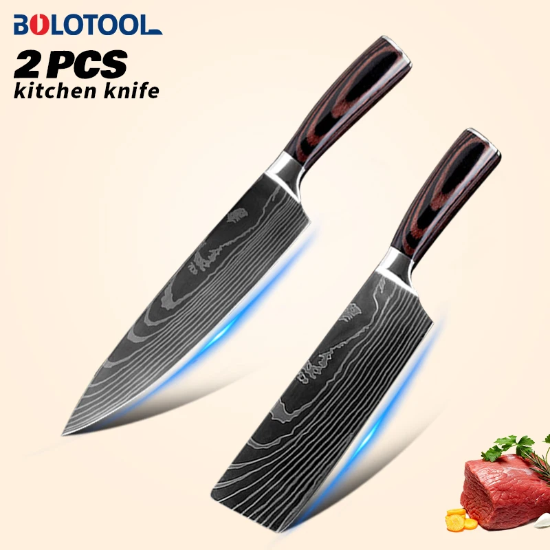 

Damascus Kitchen Knife Set 2Pcs 8" Japanese Chef 7" Meat Cleaver Knives High Carbon 7CR17 Stainless Steel Home Cooking Tools