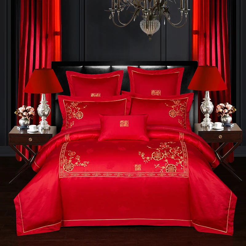 

Wedding bedsheet Free delivery red comforter bedding sets Egyptian cotton sheets 4PCS 1.8m tribute satin Scarlet marriage bed