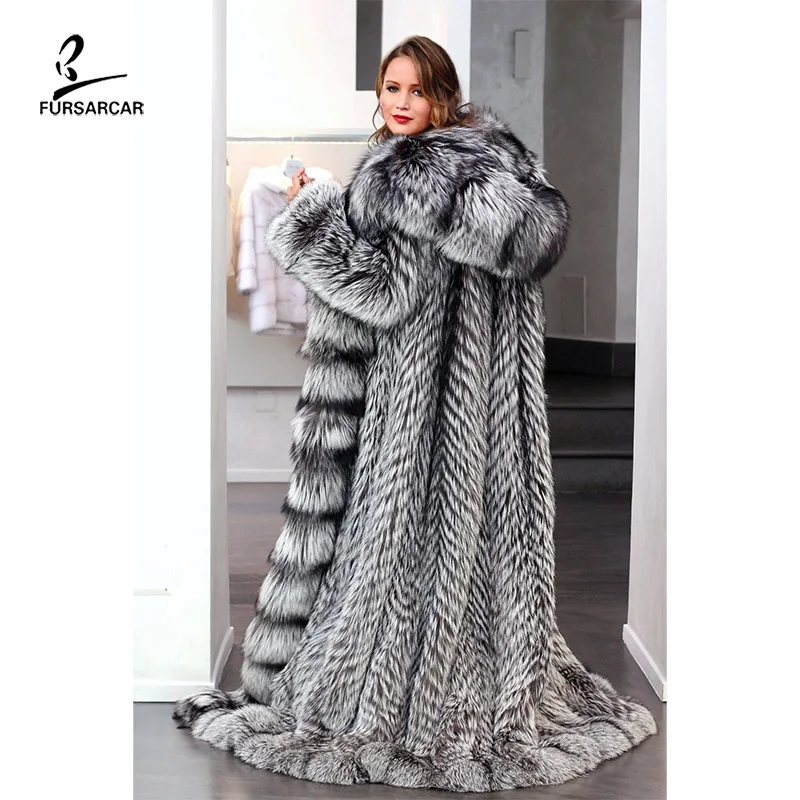 FURSARCAR 2021 New Luxurious Real Natural Silver Fox Fur Coat Women Winter Real Fur Outerwear Plus Size 130cm Long Fur Jacket