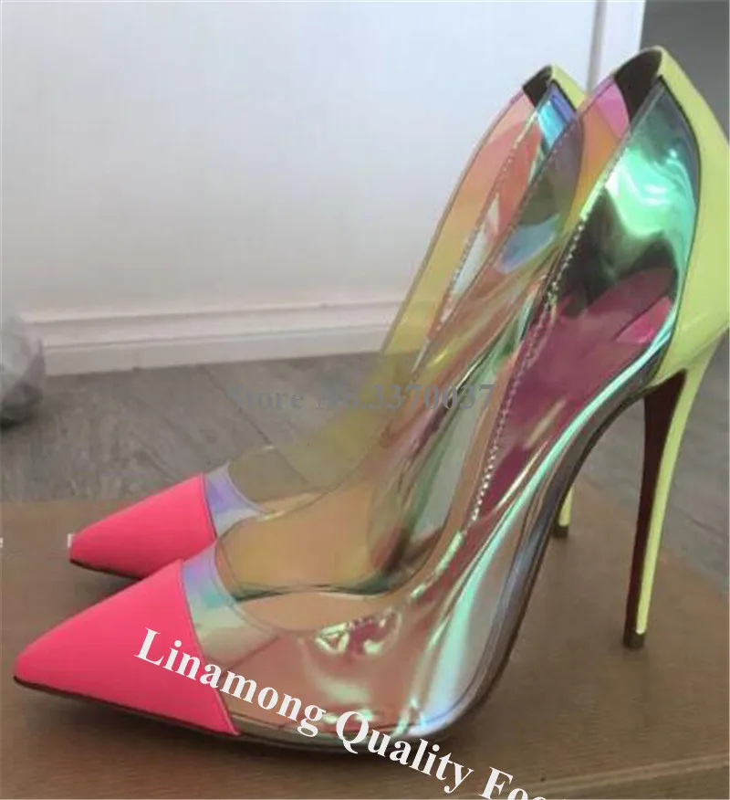 

Women Pointed Toe Neon Pink Patchwork Patent Leather Stiletto Heel Pumps Reflective PVC Clear High Heels Wedding Dress Shoes