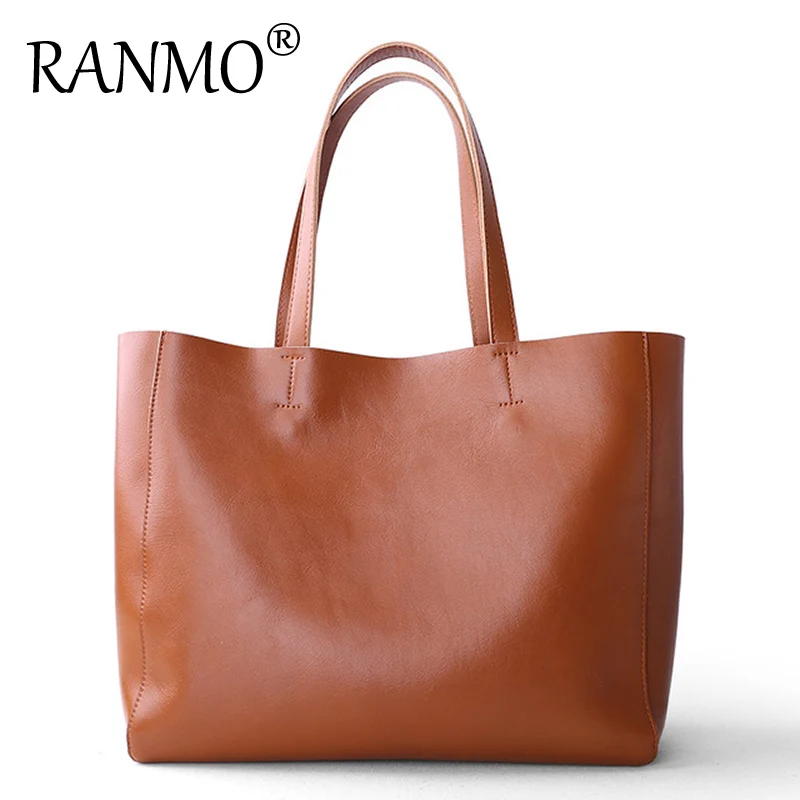 

2020 New Top Layer Leather Shoulder Bag European and American Big Bag Fashionable Simple Large Capacity Commuter Tote Bag