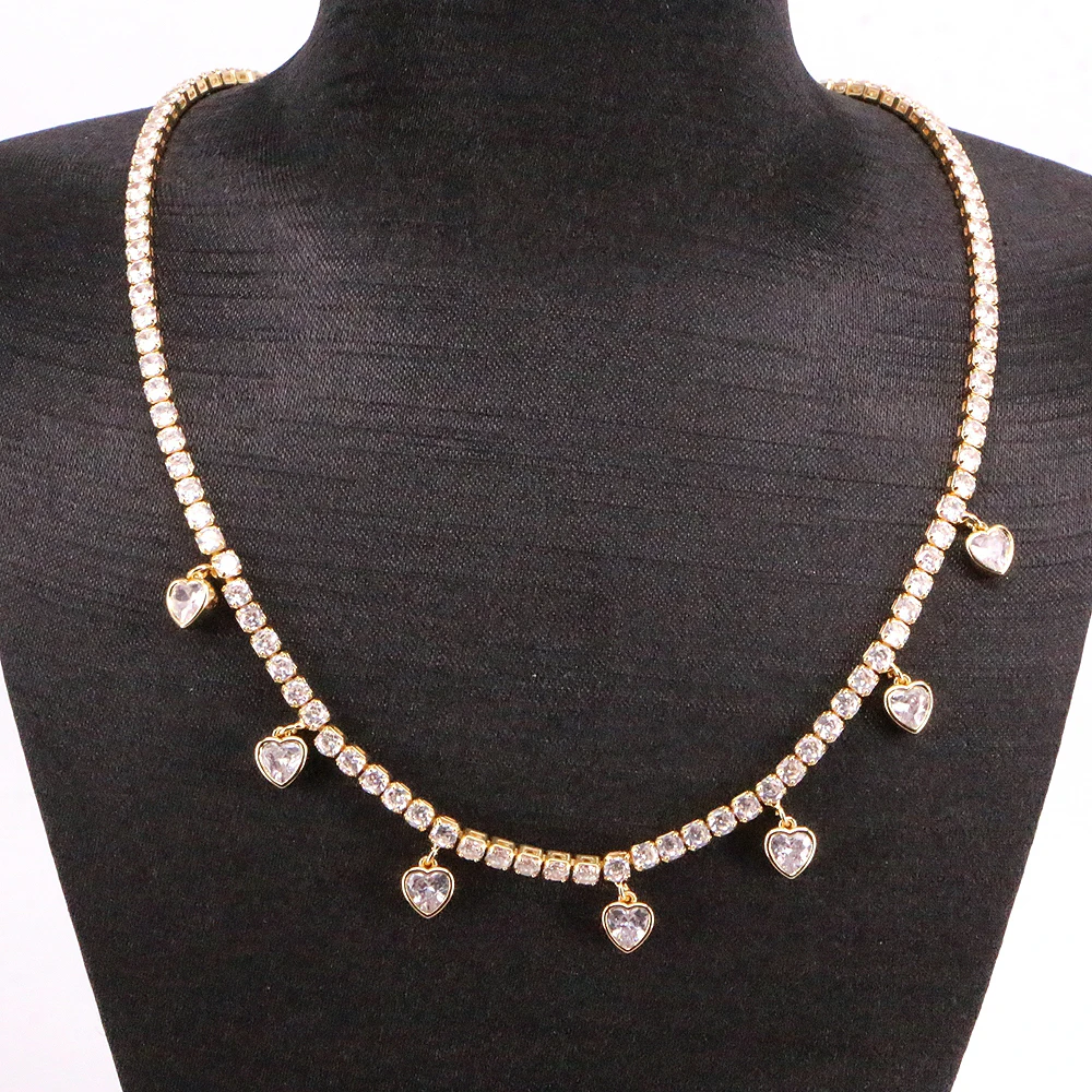 

3PCS, Vintage Crystal Charm Tennis Necklace For Women Dainty Heart Gold Collares Mujer 2021 Trend Elegant Statement Jewelry