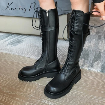 

krazing pot cross-tied cow leather buckle mature superstar high heel winter shoes round toe zipper keep warm knee high boots L81