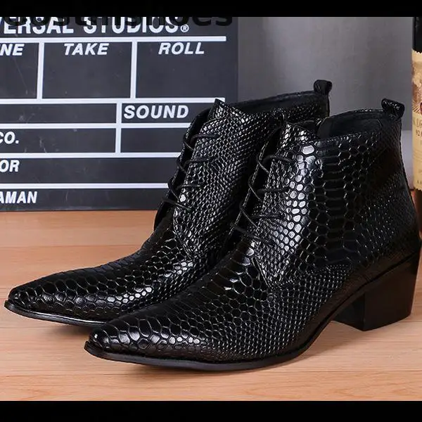 

Luxury Men Short Boots Black Genuine Leather Snakeskin Pattern Printed Men Ankle Boots Spring Autumn Wear Fashion Men Work Boots