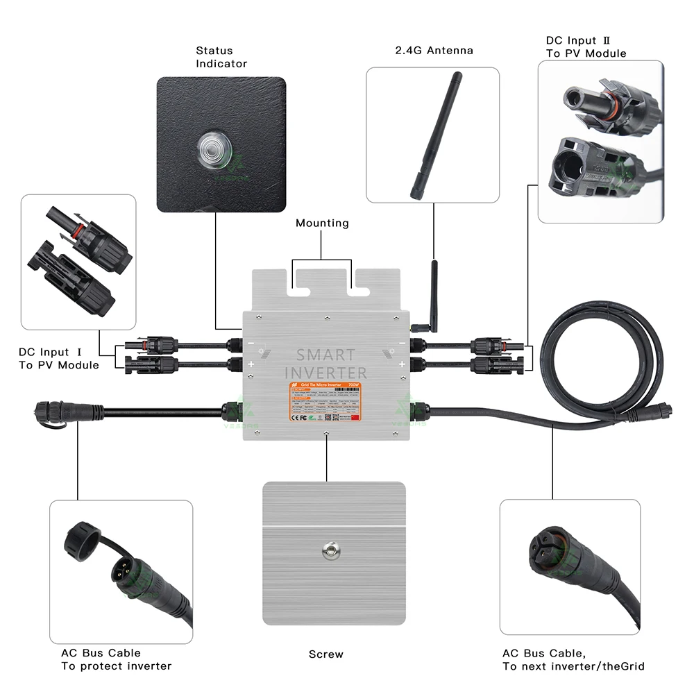 700W Micro Inversor Solar Grid Tie Microinversor IP65 WiFi Control Auto  Enfriamiento 120/230V Identificación Automática Inversores de Potencia