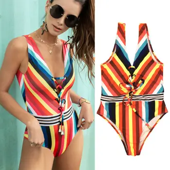 

Women Swimwear Rainbow Striped Backless Swimsuit For Women Bikini Monokini Padded One Piece Female Swimming Suits