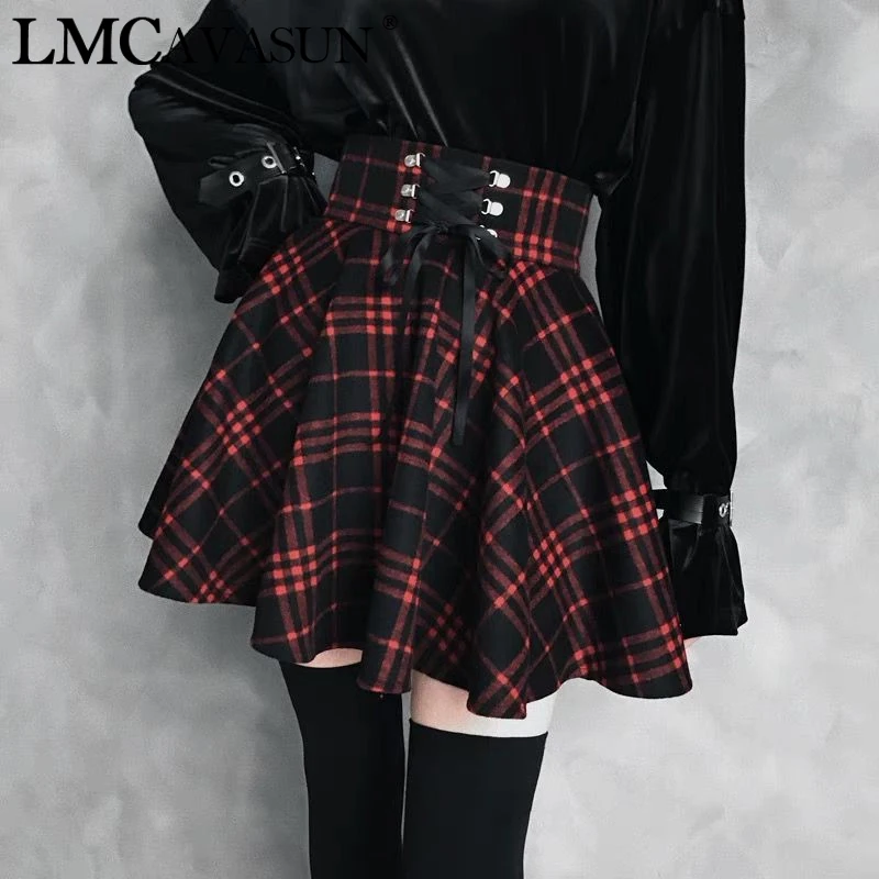 

LMCAVASUN Autumn Winter Plus Size 4XL Vintage Plaid Skirt Women High Waist Mini Skirt For Gothic Girls Skirt