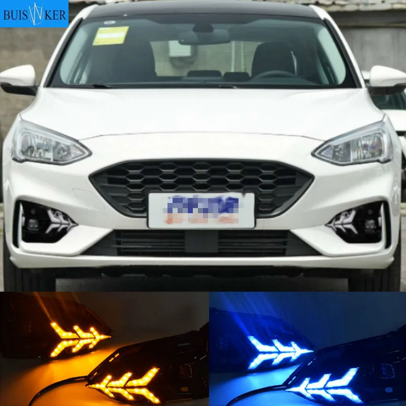 

2 шт. для Ford Focus 2019 DRL Автомобильные светодиодные дневные ходовые огни противотумансветильник фары дальнего света с поворотным желтым сигнальным реле