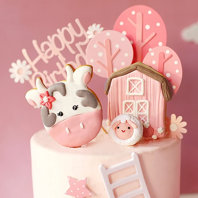 Happy Farm-Toppers de gâteau d'arbre de vache rose, fournitures de joyeux  anniversaire, beaux cadeaux, fête de la journée de l'enfant, fête de bébé