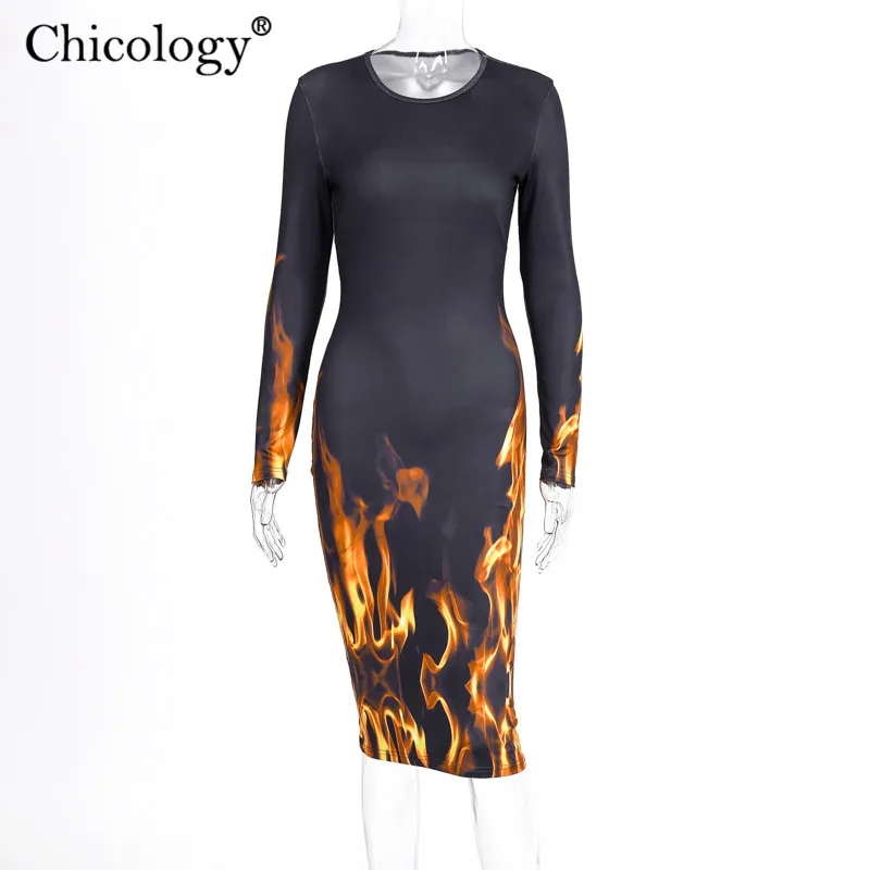 Chicology fire print sexy midi dress women long sleeve bodycon streetwear autumn winter party club lady casual clothes