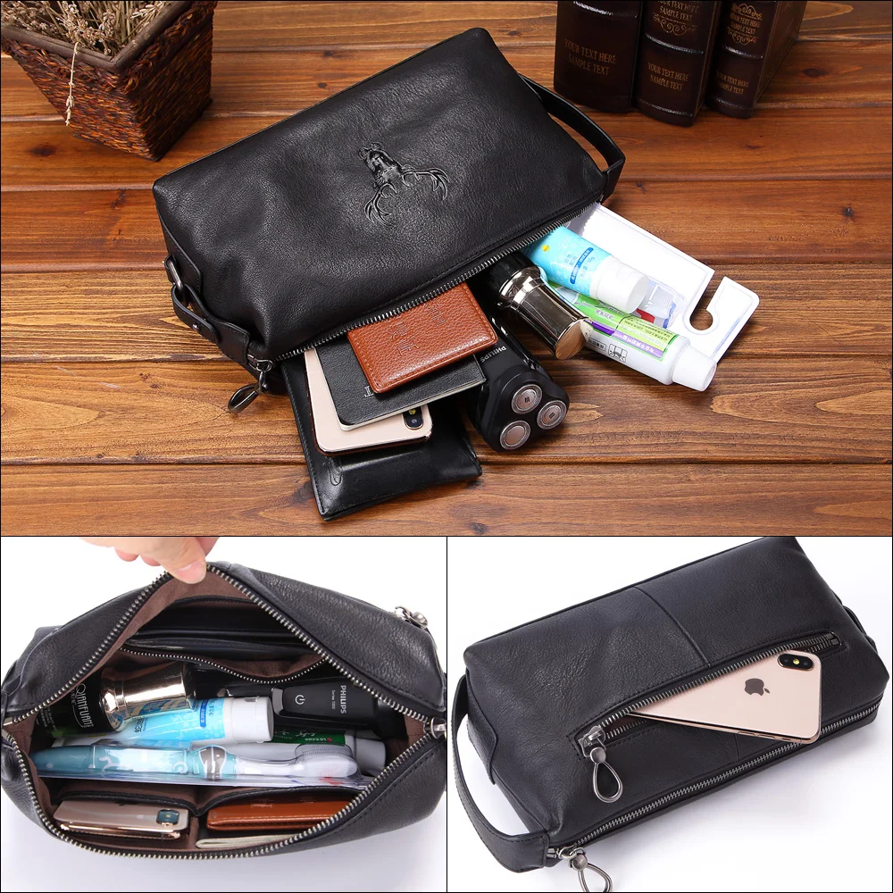 GENODERN New Men Wash Bags High Quality Cow Leather Cosmetic Bag Travel  Casual Toiletry Case For Male Makeup Bag